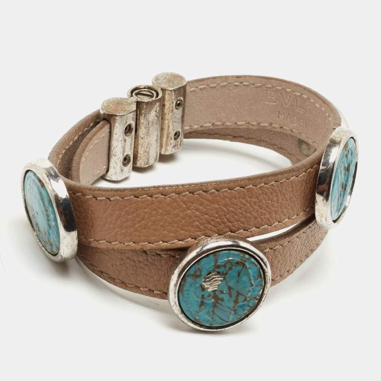 Pre Owned Bvlgari Vintage Brown Leather Multi Charms Double Wrap Bracelet