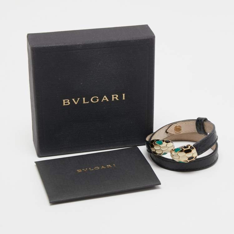 Pre Owned Bvlgari Serpenti Forever Enamel Snakeskin Leather Gold Tone Wrap Bracelet