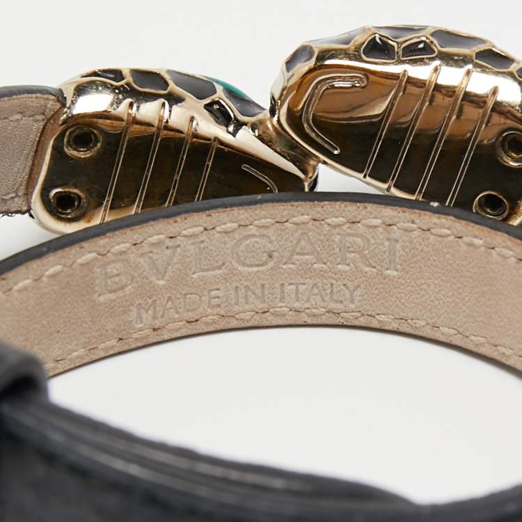 Pre Owned Bvlgari Serpenti Forever Enamel Snakeskin Leather Gold Tone Wrap Bracelet