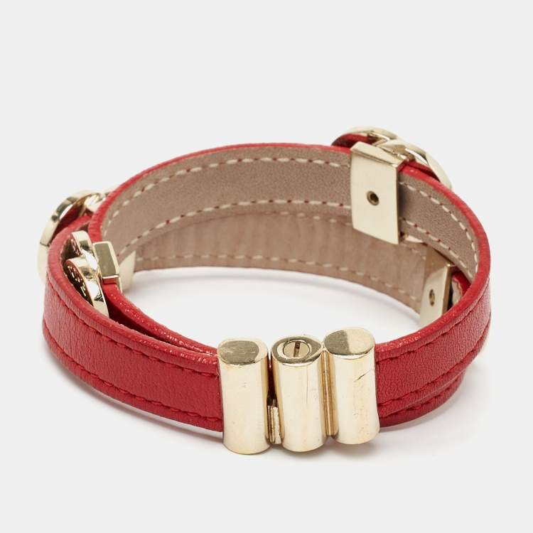 Pre Owned Bvlgari  Red Leather Double-Coiled Gold Tone Wrap Bracelet