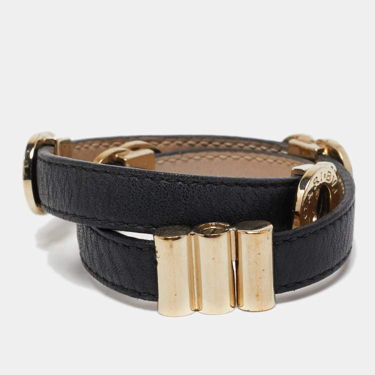 مملوكة مسبقًا Bvlgari Black Leather Double-Coiled Gold Tone Wrap Bracelet