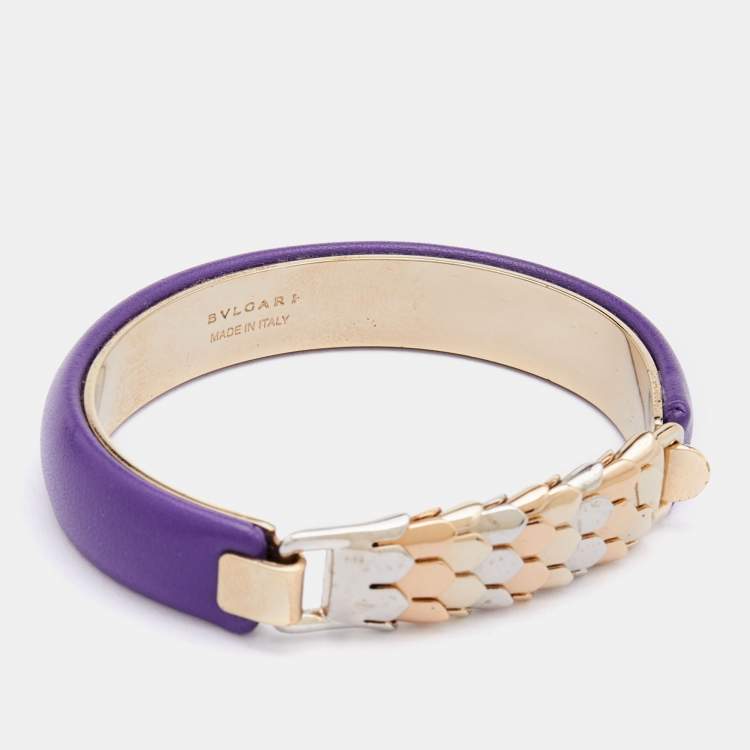 Pre Owned Bvlgari Two Tone Purple Leather Serpenti Cuff Bracelet 