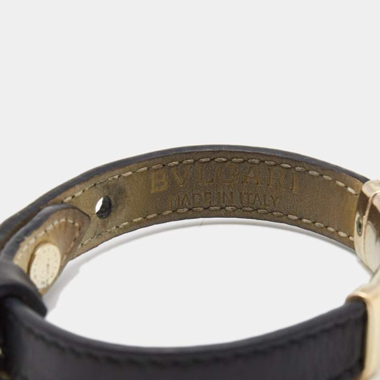 Pre Owned Bvlgari Serpenti Black Leather Enamel Gold Tone Bracelet