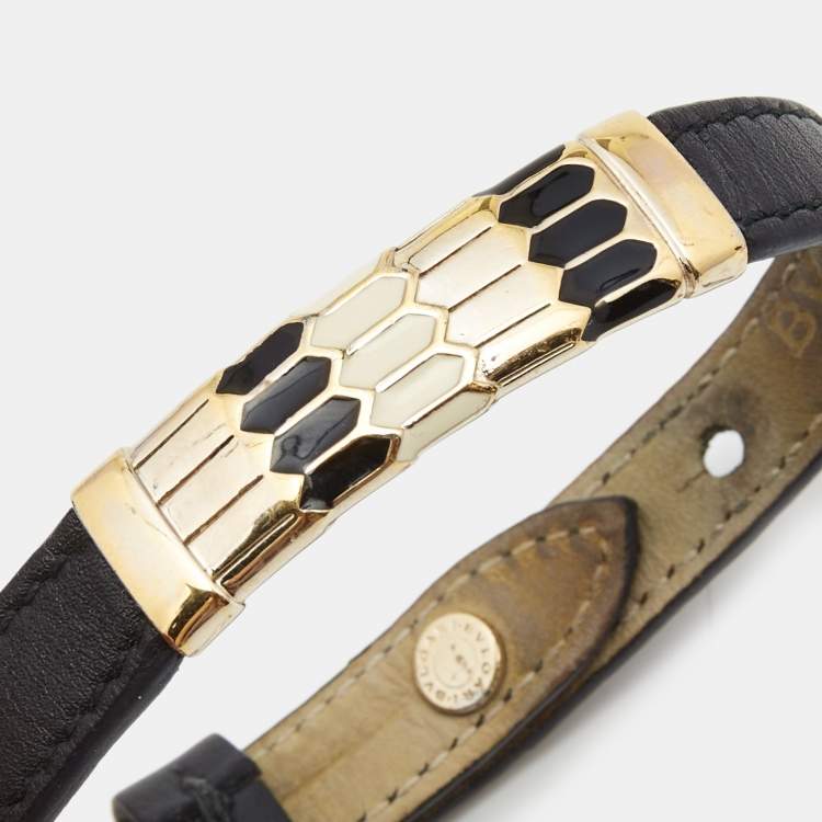 Pre Owned Bvlgari Serpenti Black Leather Enamel Gold Tone Bracelet
