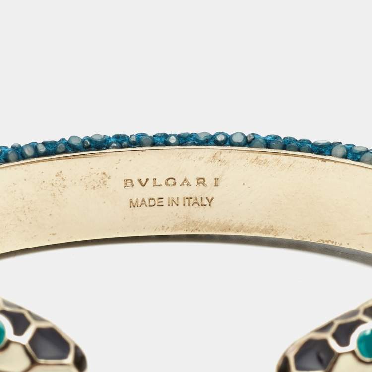 Pre Owned Bvlgari Serpenti Forever Blue Leather Open Cuff Bracelet