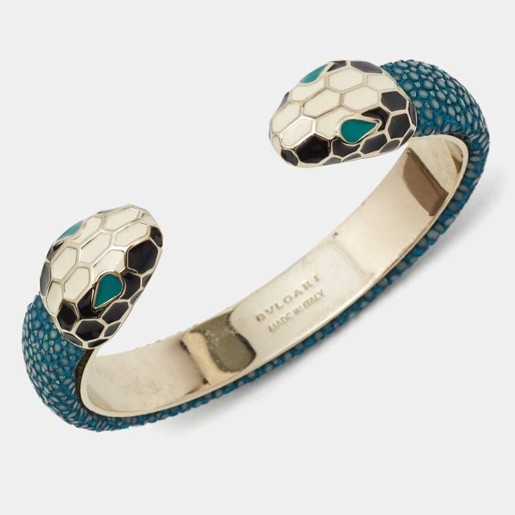 Pre Owned Bvlgari Serpenti Forever Blue Leather Open Cuff Bracelet