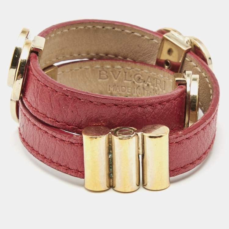 Pre Owned Bvlgari Red Leather Double-Coiled Gold Tone Wrap Bracelet
