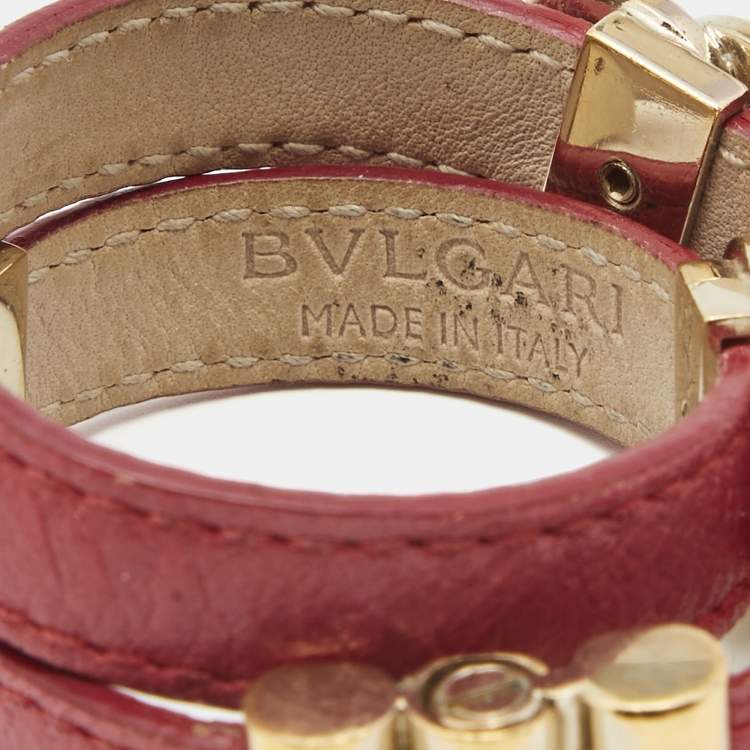 Pre Owned Bvlgari Red Leather Double-Coiled Gold Tone Wrap Bracelet