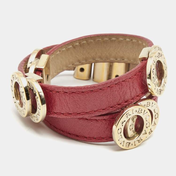 Pre Owned Bvlgari Red Leather Double-Coiled Gold Tone Wrap Bracelet
