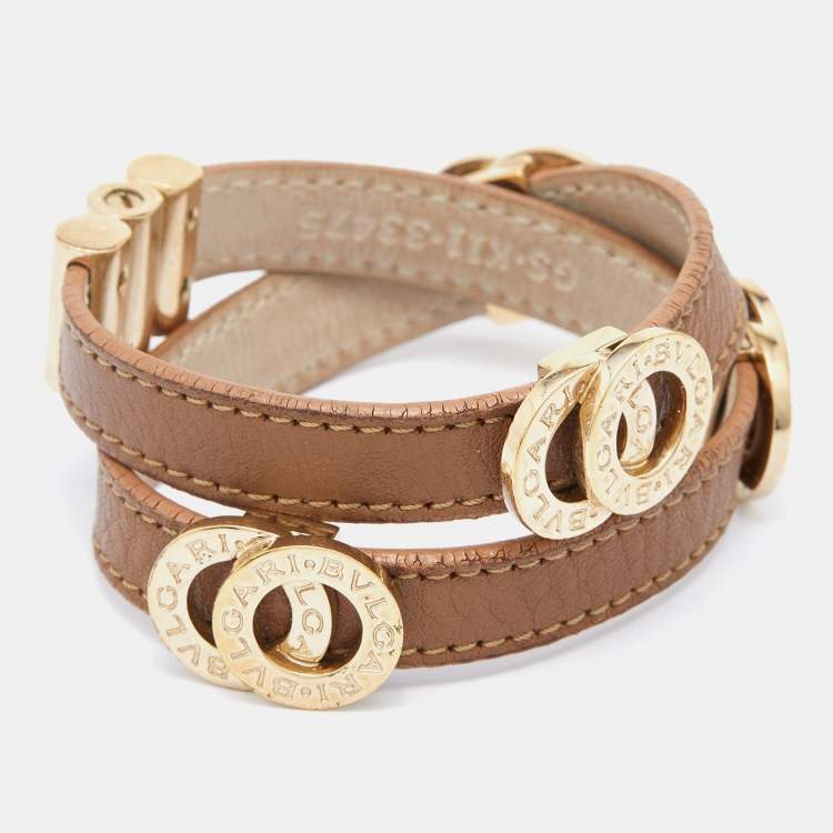 Pre Owned Bvlgari Brown Leather Gold Tone Double Wrap Bracelet