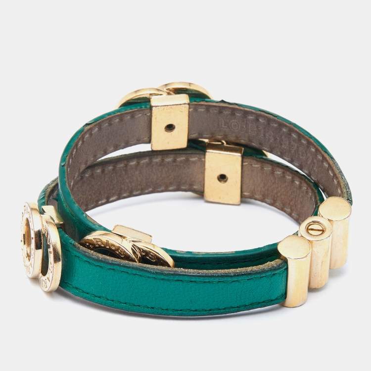 Pre Owned Bvlgari Green Leather Gold Tone Double Wrap Bracelet