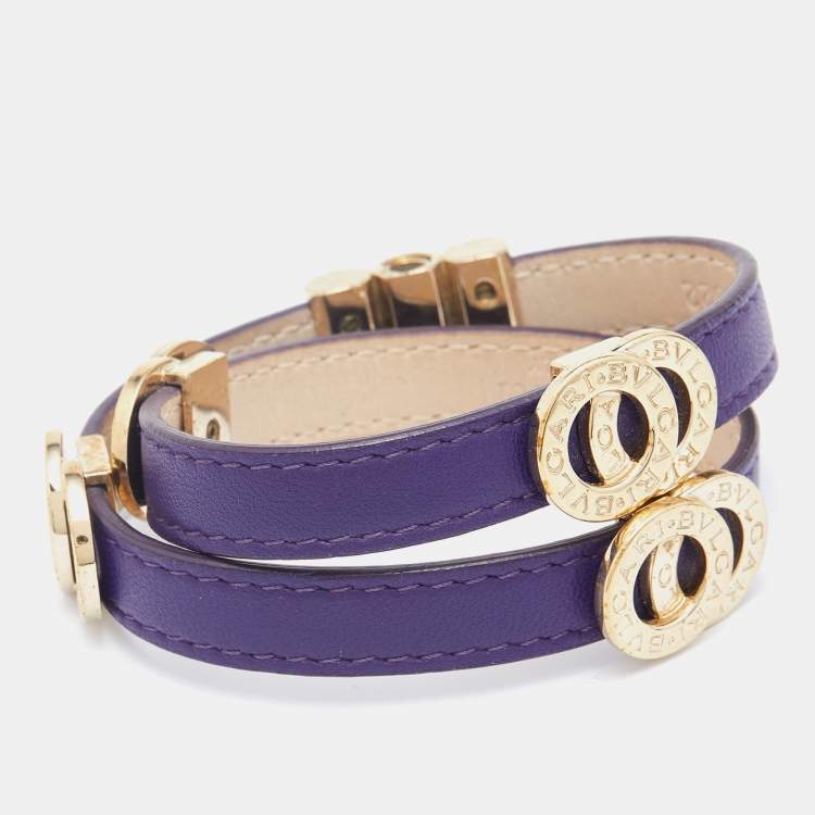 Pre Owned Bvlgari Purple Leather Gold Tone Double Wrap Bracelet