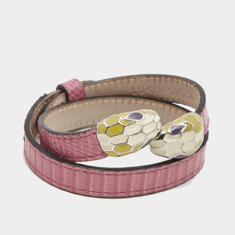 Pre Owned Bvlgari Serpenti Forever Enamel Leather Gold Tone Wrap Bracelet 