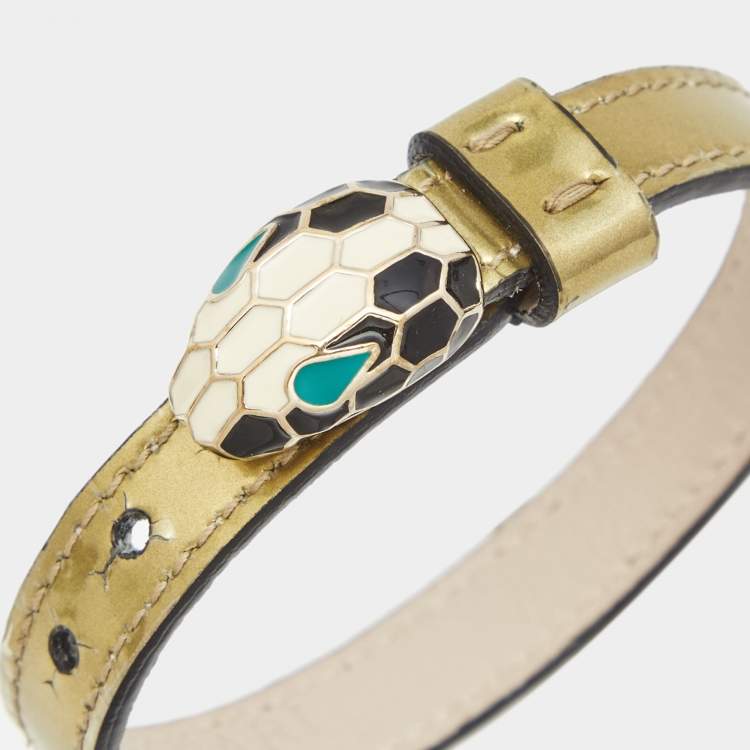 Pre Owned Bvlgari Serpenti Forever Golden Leather Enamel Gold Tone Bracelet