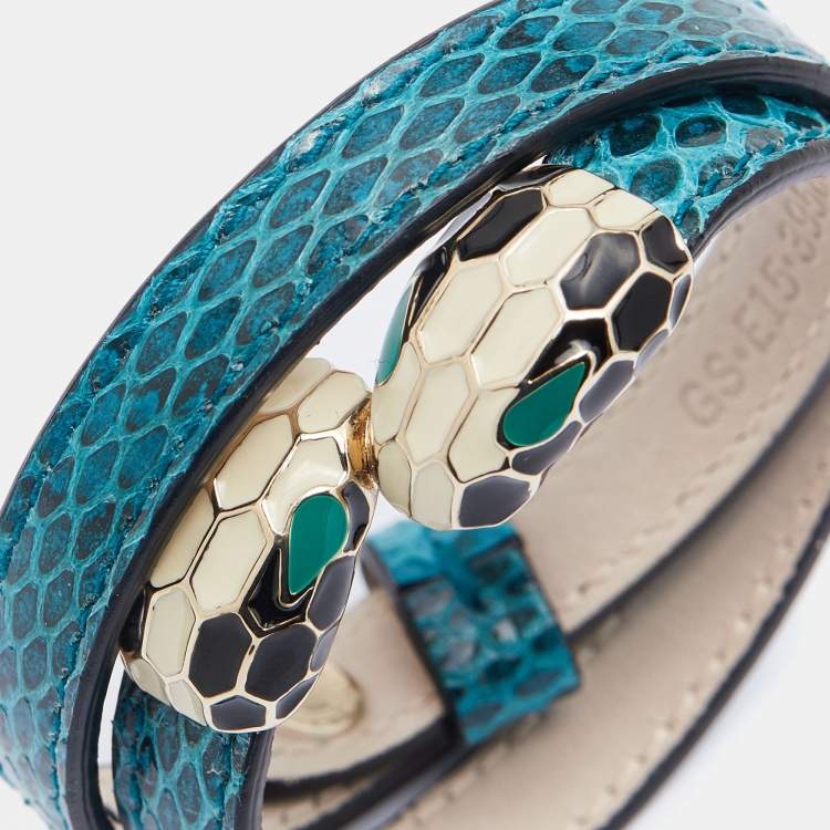 Pre Owned Bvlgari Double Serpenti Forever Green Karung Leather Wrap Bracelet