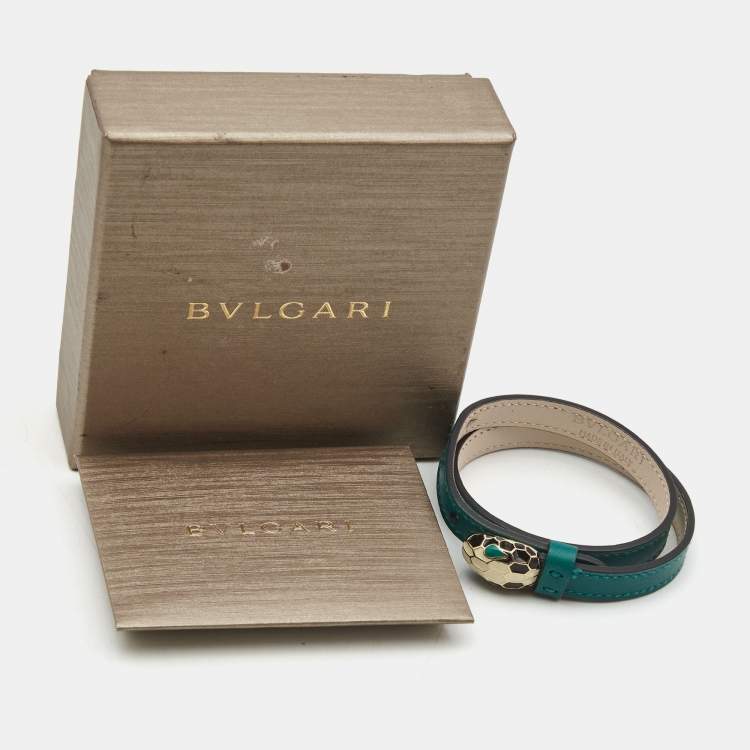 Pre Owned Bvlgari Serpenti Forever Green Leather Enamel Gold Tone Bracelet