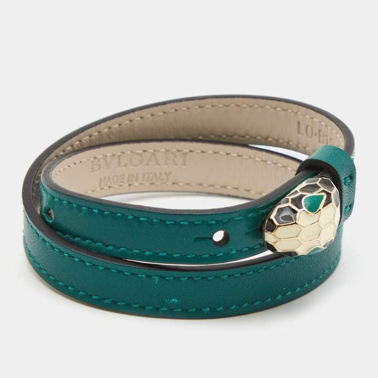 Pre Owned Bvlgari Serpenti Forever Green Leather Enamel Gold Tone Bracelet