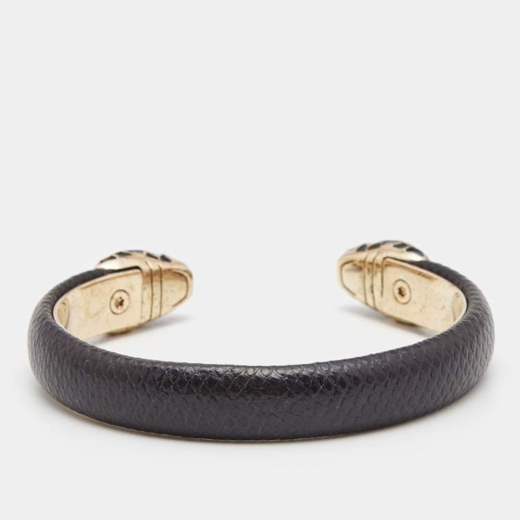 مملوكة مسبقًا Bvlgari Serpenti Forever Enamel Leather Gold Tone Open Cuff Bracelet 