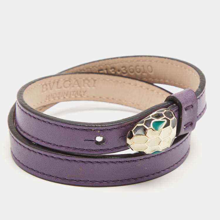 Pre Owned Bvlgari Serpenti Forever Purple Leather Enamel Gold Tone Double Wrap bracelet 