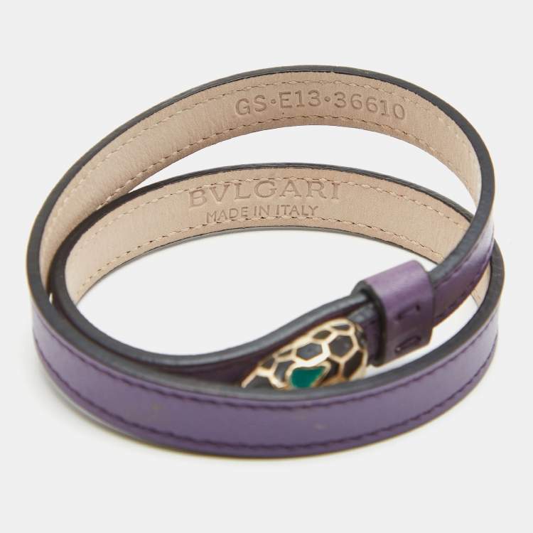 Pre Owned Bvlgari Serpenti Forever Purple Leather Enamel Gold Tone Double Wrap bracelet 