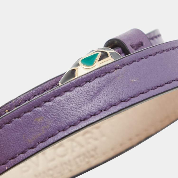 Pre Owned Bvlgari Serpenti Forever Purple Leather Enamel Gold Tone Double Wrap bracelet 