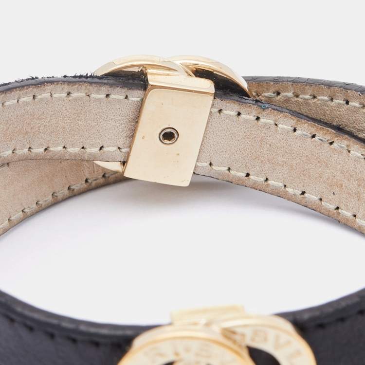 Pre Owned Bvlgari Black Leather Gold Tone Double Coiled Wrap Bracelet