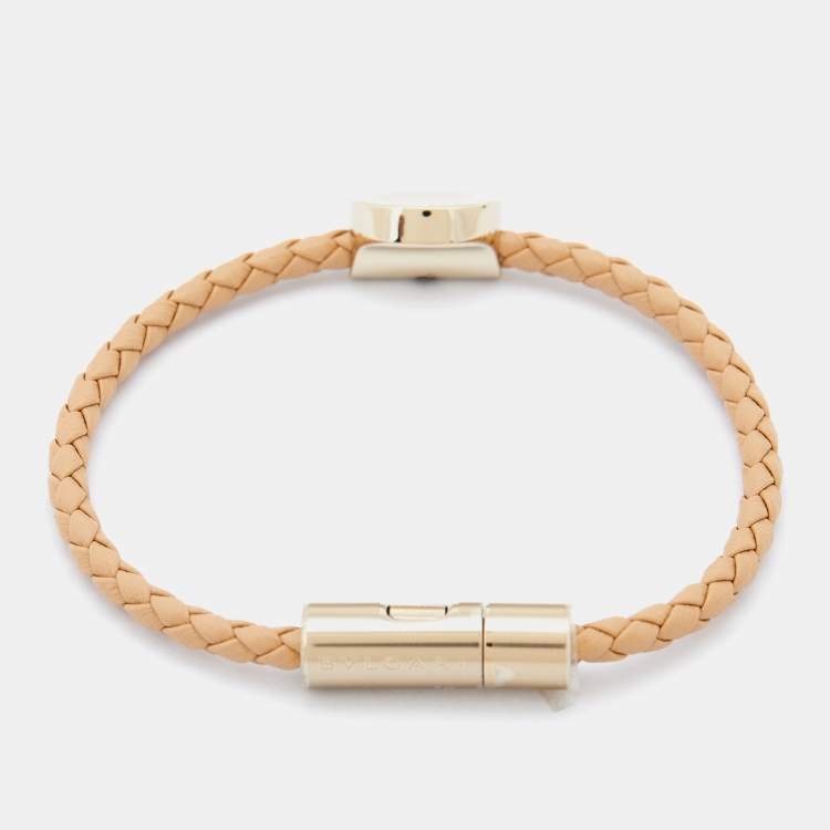 مملوكة مسبقًا Bvlgari Bvlgari Beige Enamel & Leather Gold Tone Braided Bracelet