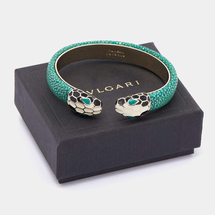 Pre Owned Bvlgari Serpenti Forever Enamel Green Galuchat Leather Gold Plated Open Cuff Bracelet 
