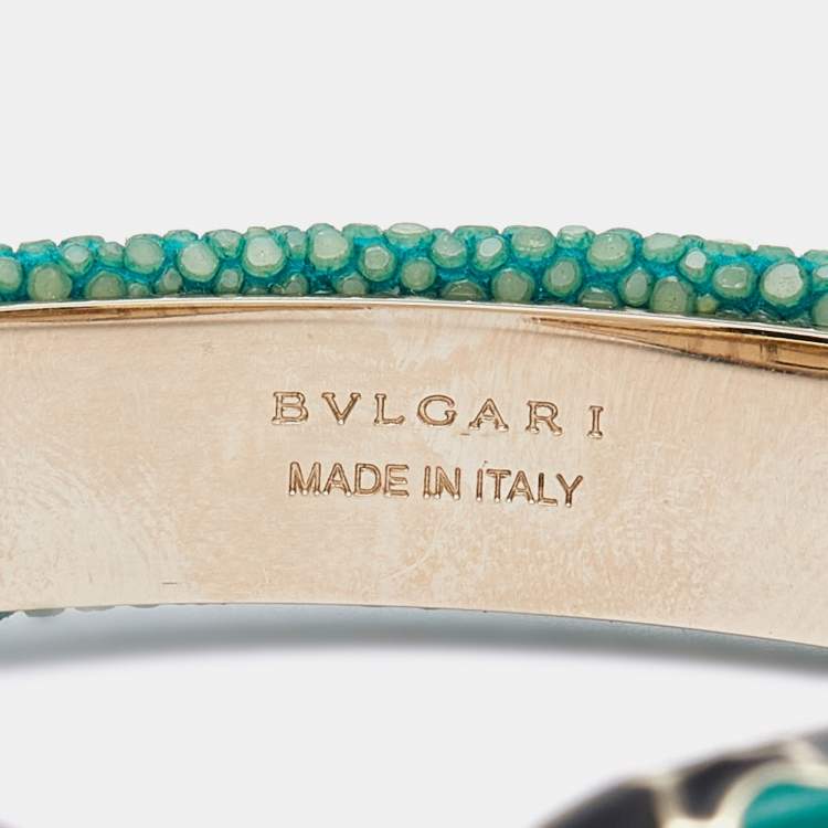 Pre Owned Bvlgari Serpenti Forever Enamel Green Galuchat Leather Gold Plated Open Cuff Bracelet 
