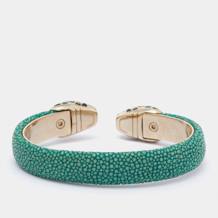 Pre Owned Bvlgari Serpenti Forever Enamel Green Galuchat Leather Gold Plated Open Cuff Bracelet 