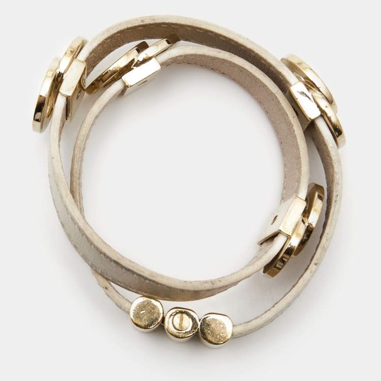 Pre Owned Bvlgari Interlocking Circles Leather Gold Tone Double Wrap Bracelet