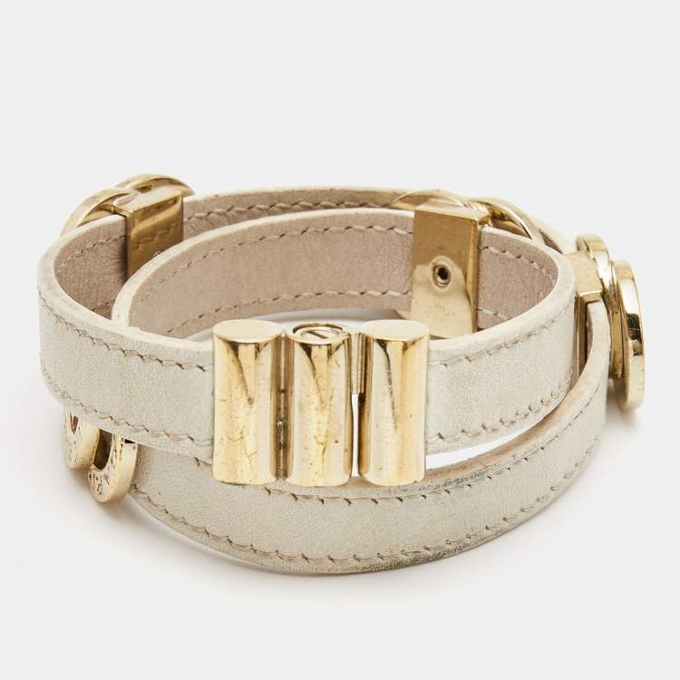 Pre Owned Bvlgari Interlocking Circles Leather Gold Tone Double Wrap Bracelet