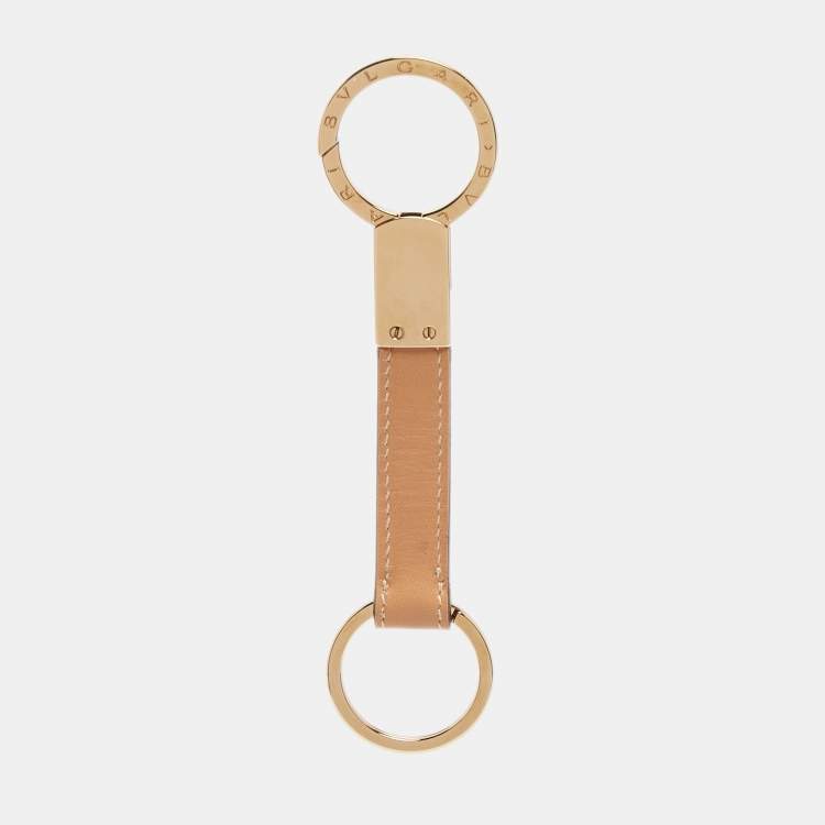 Pre Owned Bvlgari Beige/Gold Leather Ring Keyholder 