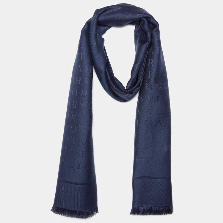 Pre Owned Bvlgari Navy Blue Jacquard Wool Blend Logomania Fringed Scarf