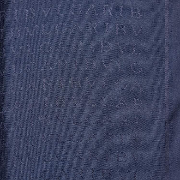 Pre Owned Bvlgari Navy Blue Jacquard Wool Blend Logomania Fringed Scarf