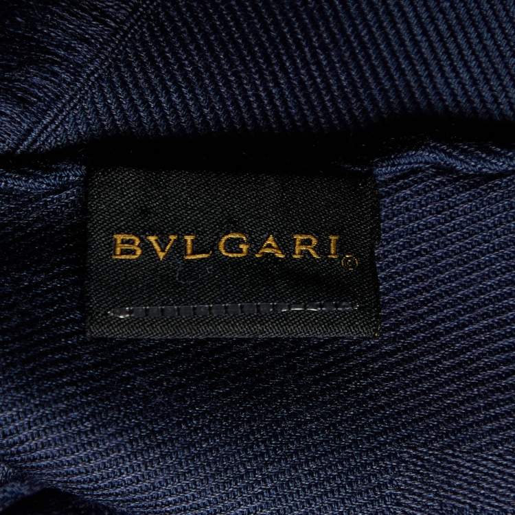 Pre Owned Bvlgari Navy Blue Jacquard Wool Blend Logomania Fringed Scarf