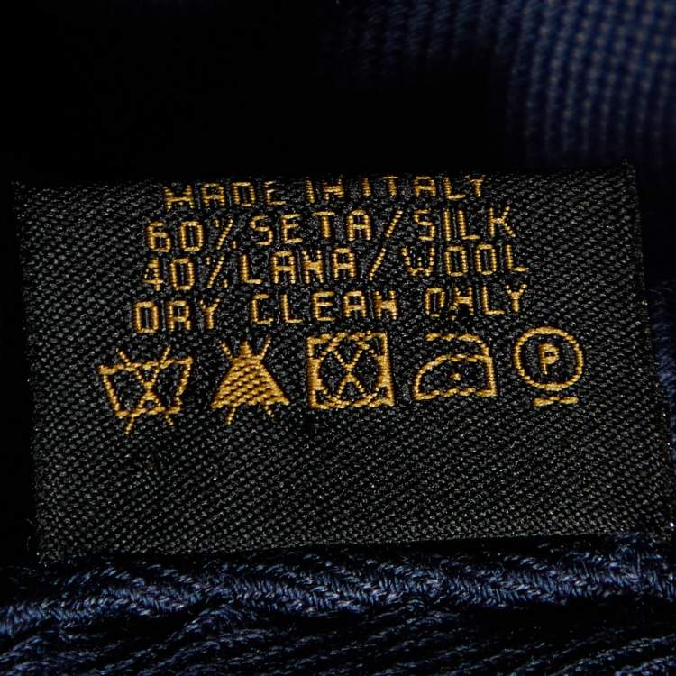 Pre Owned Bvlgari Navy Blue Jacquard Wool Blend Logomania Fringed Scarf