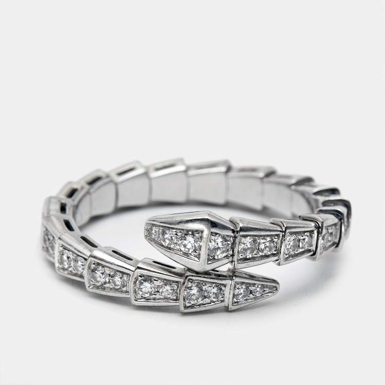 Pre Owned Bvlgari Serpenti Viper Diamonds 18k White Gold Ring Size 62