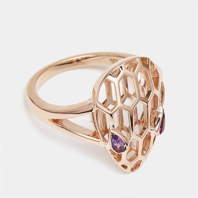 Pre Owned Bvlgari Serpenti Amethyst 18k Rose Gold Ring Size 55
