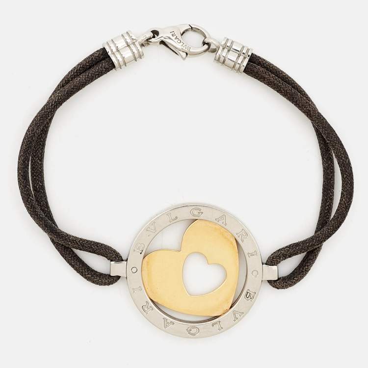 Pre Owned Bvlgari Tondo Cuore 18k Yellow Gold and Steel Cord Bracelet