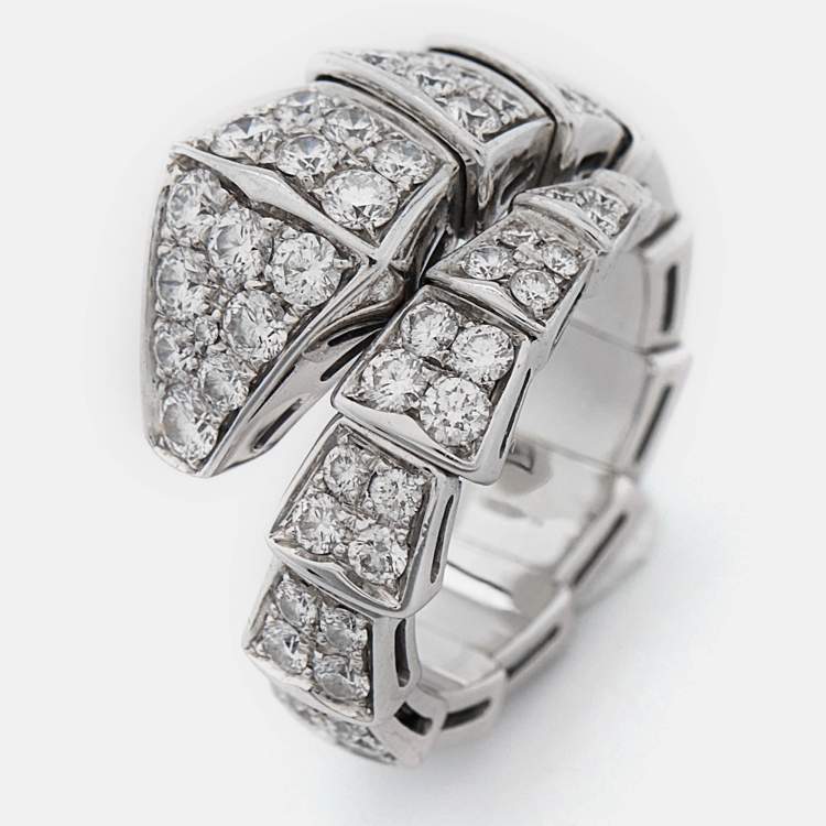 Pre Owned Bvlgari Serpenti Viper Diamonds 18k White Gold Ring Size 48 