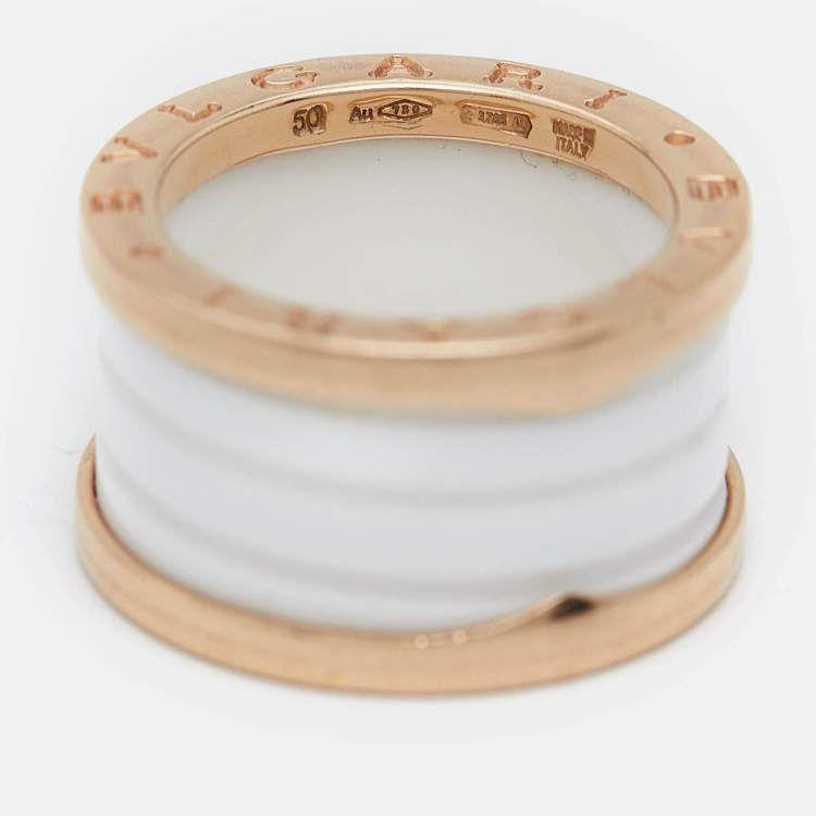 Pre Owned Bvlgari B.Zero1 4-Band White Ceramic 18k Rose Gold Ring Size 50