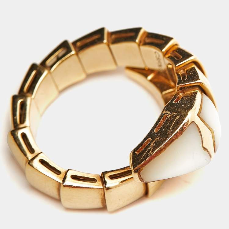 Pre Owned Bvlgari Serpenti Viper Mother of Pearl 18k Yellow Gold Ring Size 51