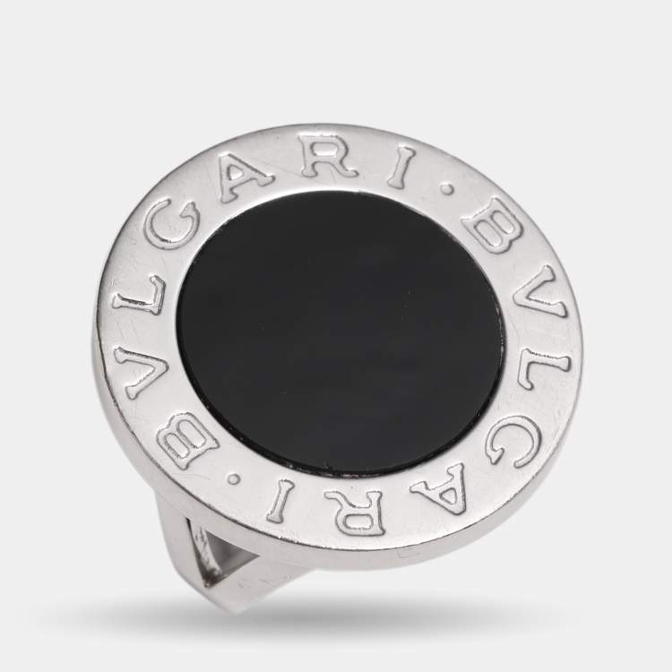 Pre Owned Bvlgari Onyx Inlay 18K White Gold Circular Ring Size 53