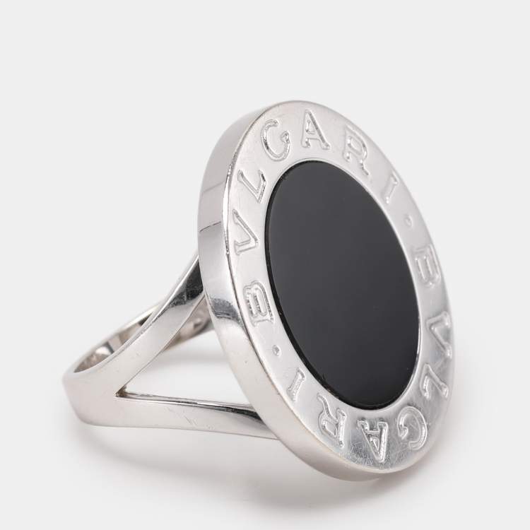Pre Owned Bvlgari Onyx Inlay 18K White Gold Circular Ring Size 53