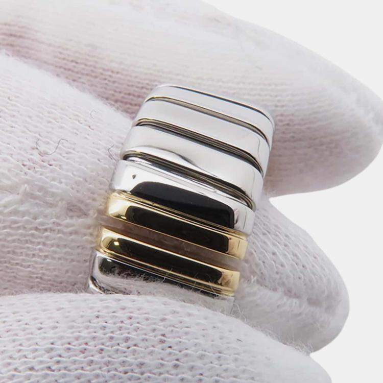 Pre Owned Bvlgari 18K Yellow Gold and Stainless Steel Tubogas Band Ring EU 48