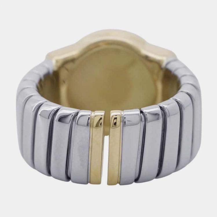 Pre Owned Bvlgari 18K Yellow Gold and Stainless Steel Tubogas Band Ring EU 48
