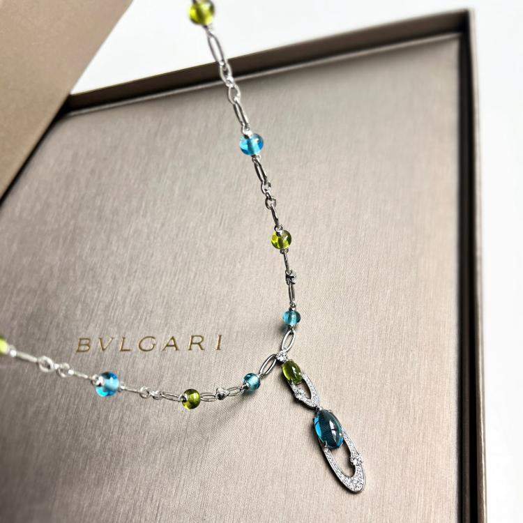 Pre Owned Bvlgari 18K White Gold and Multicolor Gemstone and Diamond Pendant Necklace