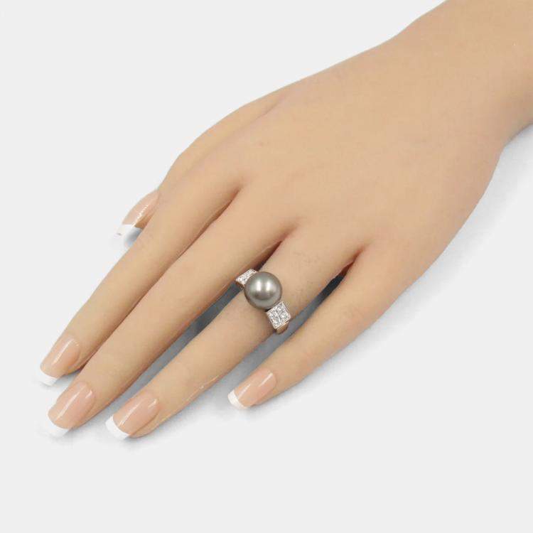 Pre Owned Bvlgari Pearl and Diamond 18k White Gold Ring EU 48