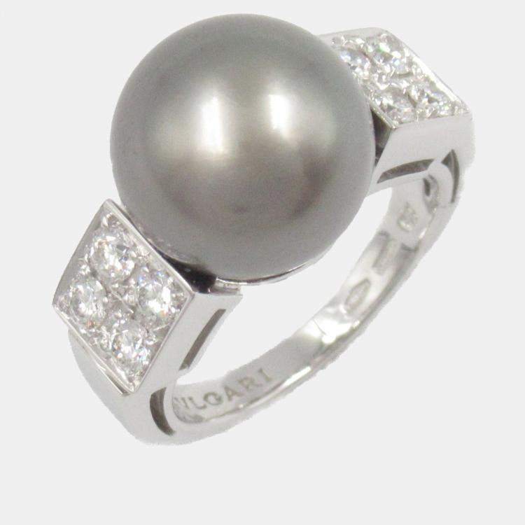 Pre Owned Bvlgari Pearl and Diamond 18k White Gold Ring EU 48